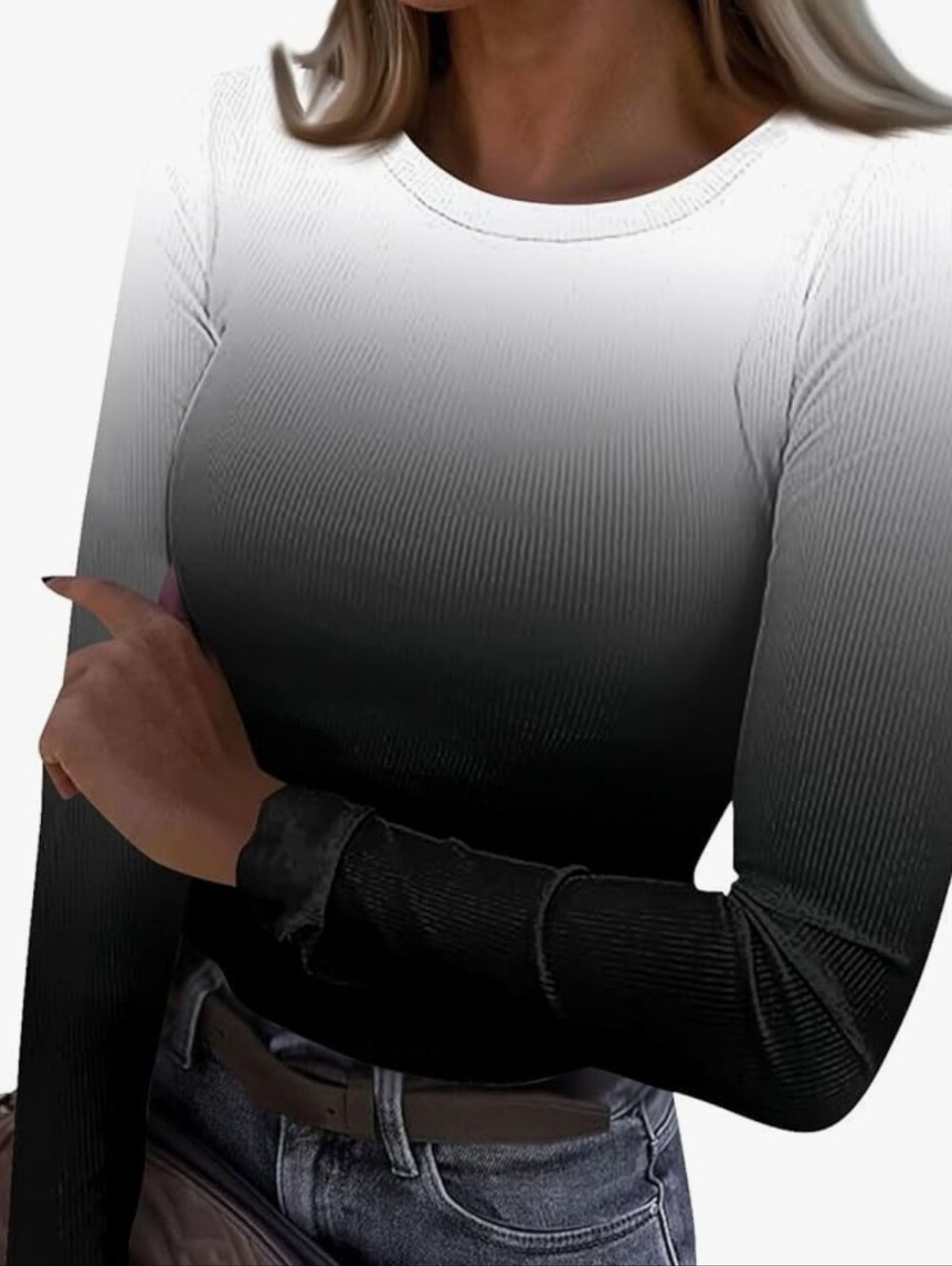 Black-White Ombre Women's Long Sleeve Top